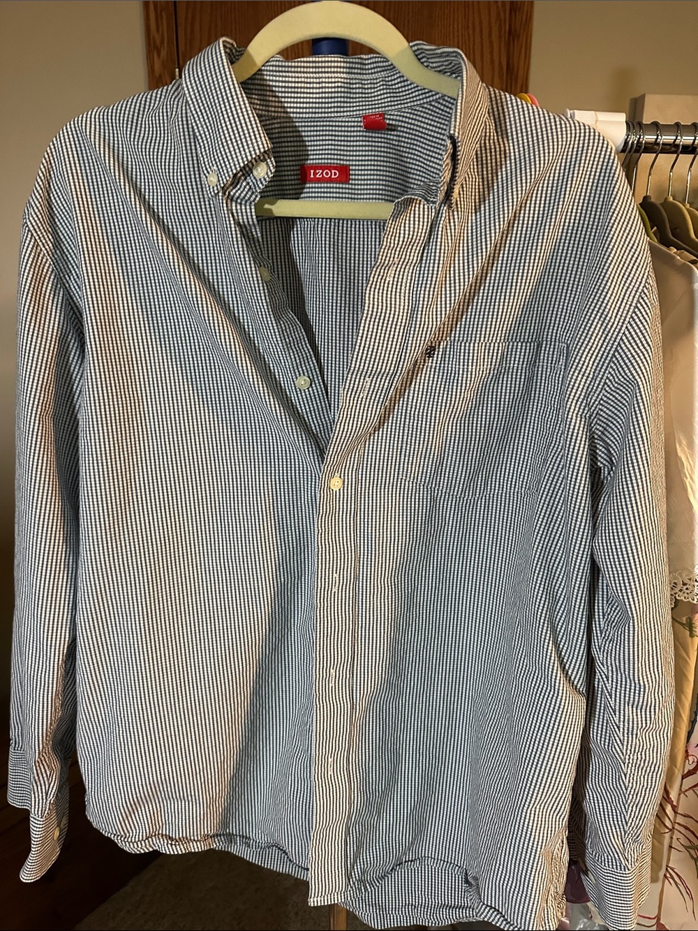 Izod Men’s Navy and White Micro-Striped Button-Down Shirt